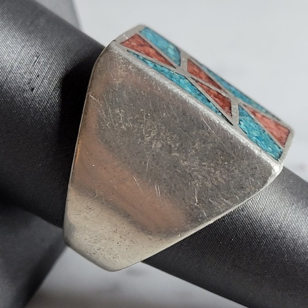 Mens Vintage Estate Sterling Silver Turquoise Coral Ring 20.8g E6931 - Picture 2 of 5